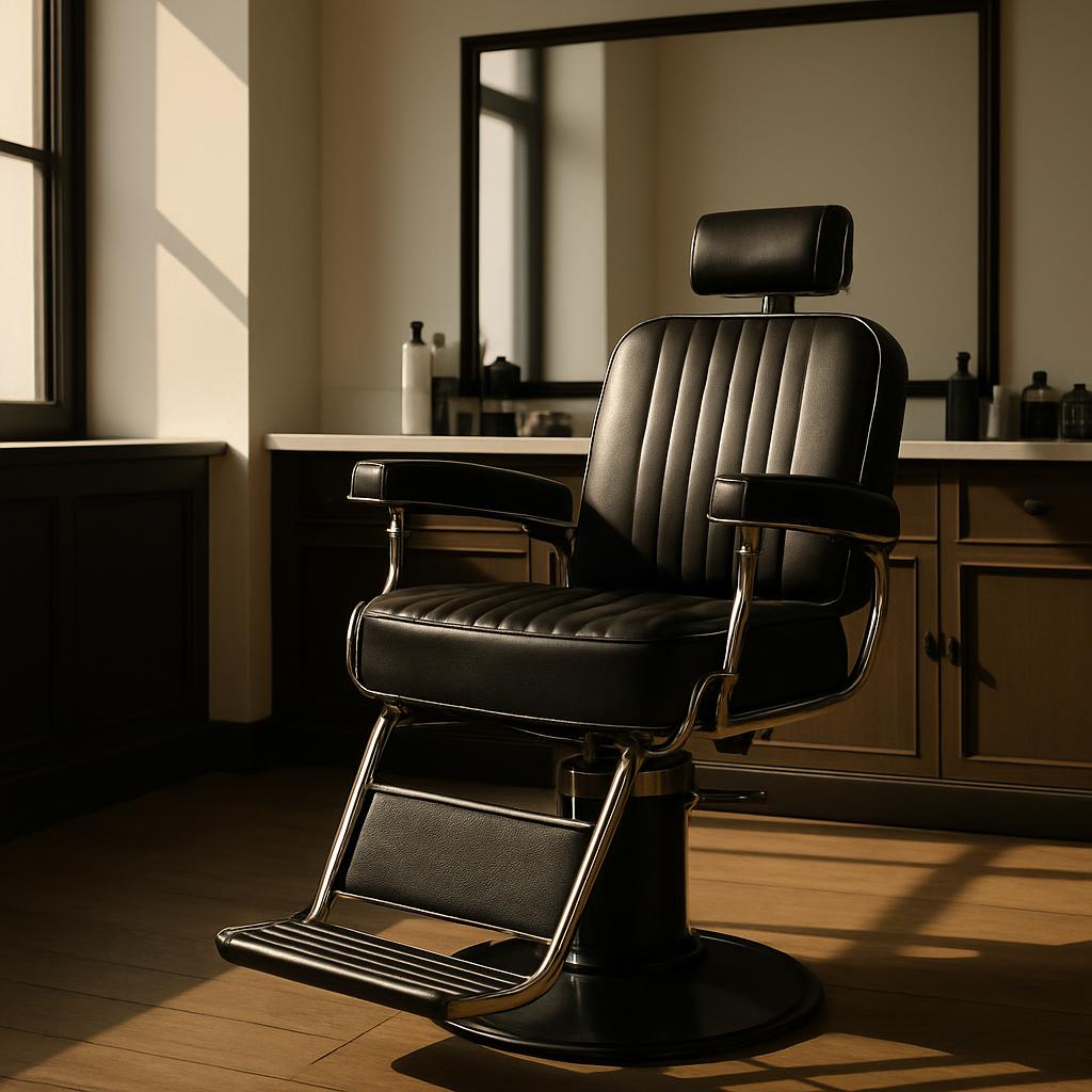 A black leather barber chair with a chrome frame, sitting in the middle of a salon near a countertop, with a mirror on the...
